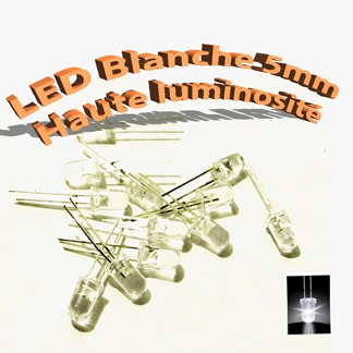 LED Blanche 5mm - haute luminosité - 20 mA -3v à 3,2v