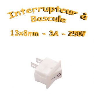Interrupteur à bascule 3A - 250VAC - Blanc - 13x8mm Tension max:250v Courant Max:250V Dimension: 13x8mm (Lxl) Nombre de pôle : 1 Nombre de pins: 2