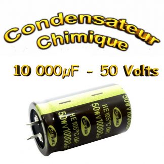 Condensateur électrolytique polarisé 10 000uF 50V- Ø30x50mm - 20%Pas des pins :10mm Format: Radiale Dimension: Ø30x50mm